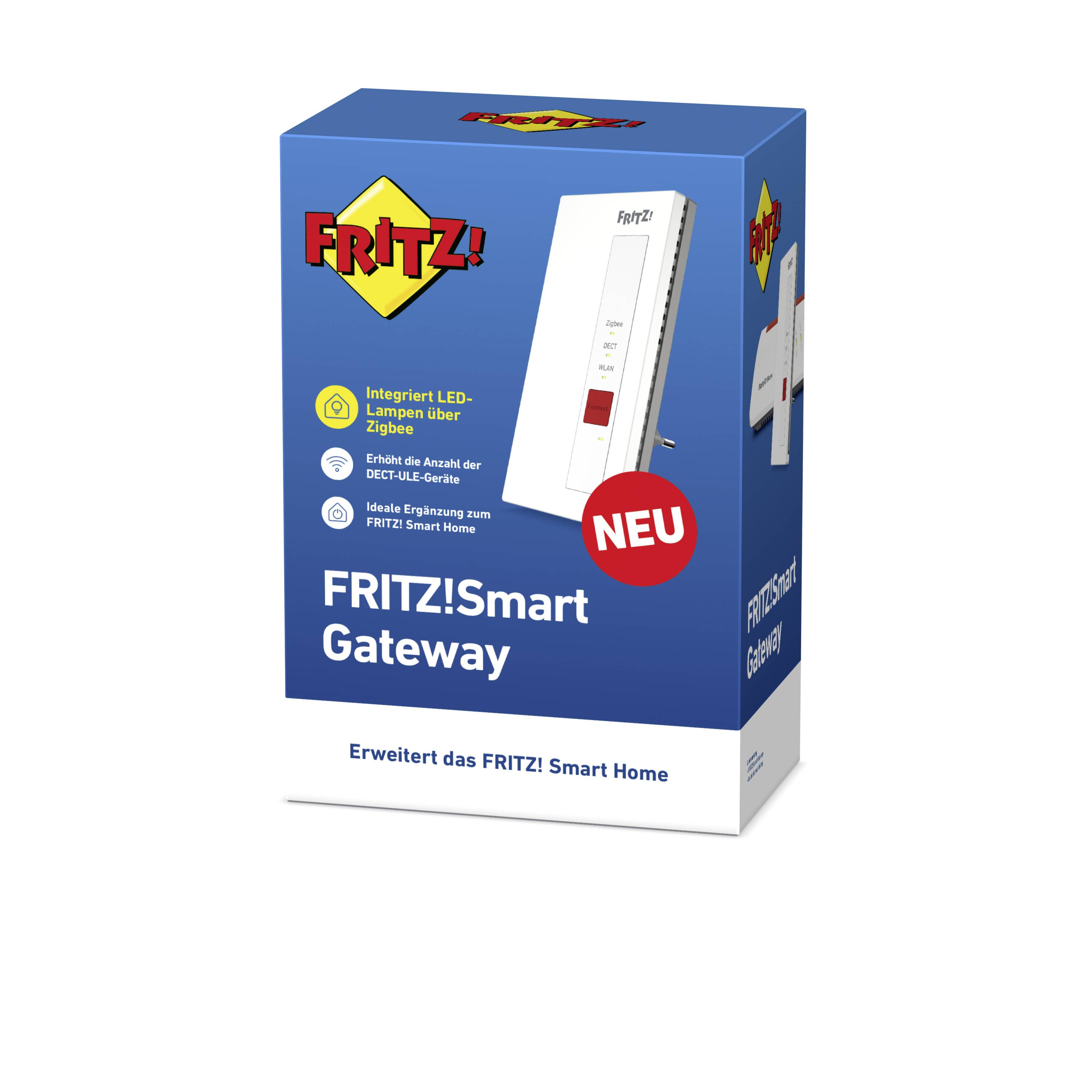 Eine Verpackung zeigt das 'FRITZ!Smart Gateway' mit dem Slogan 'Erweitert das FRITZ! Smart Home'. Produktabbildung und Logo sichtbar.