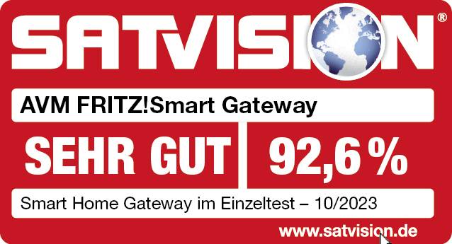 'AVM FRITZ!Smart Gateway' erhielt die Bewertung 'SEHR GUT' mit 92,6% im Smart Home Gateway Einzeltest, Ausgabe 10/2023 von SATVISION.