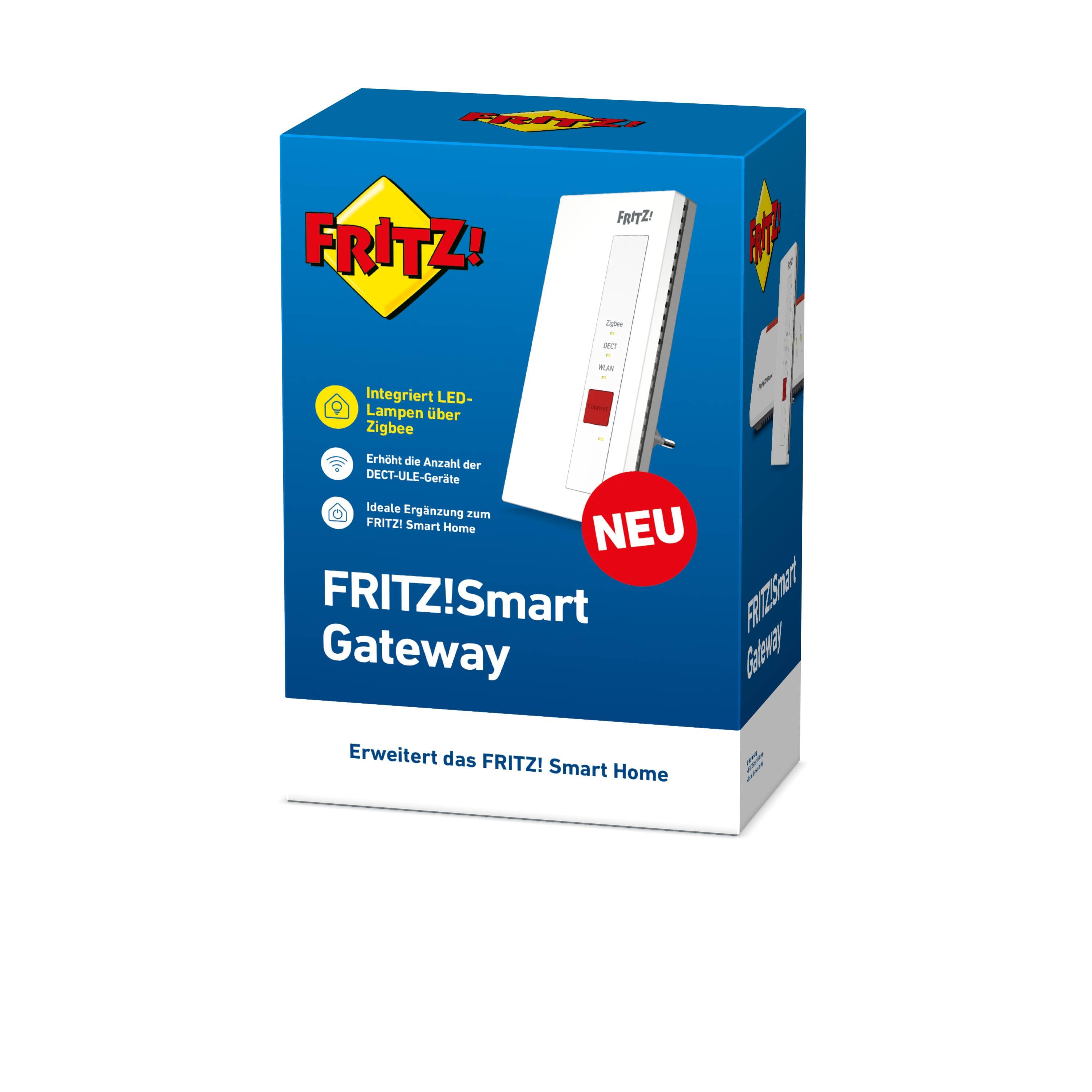 FRITZ!Smart Gateway Verpackung zeigt ein smartes Gateway zur Integration ins FRITZ! Smart Home. Text betont einfache Anbindung.