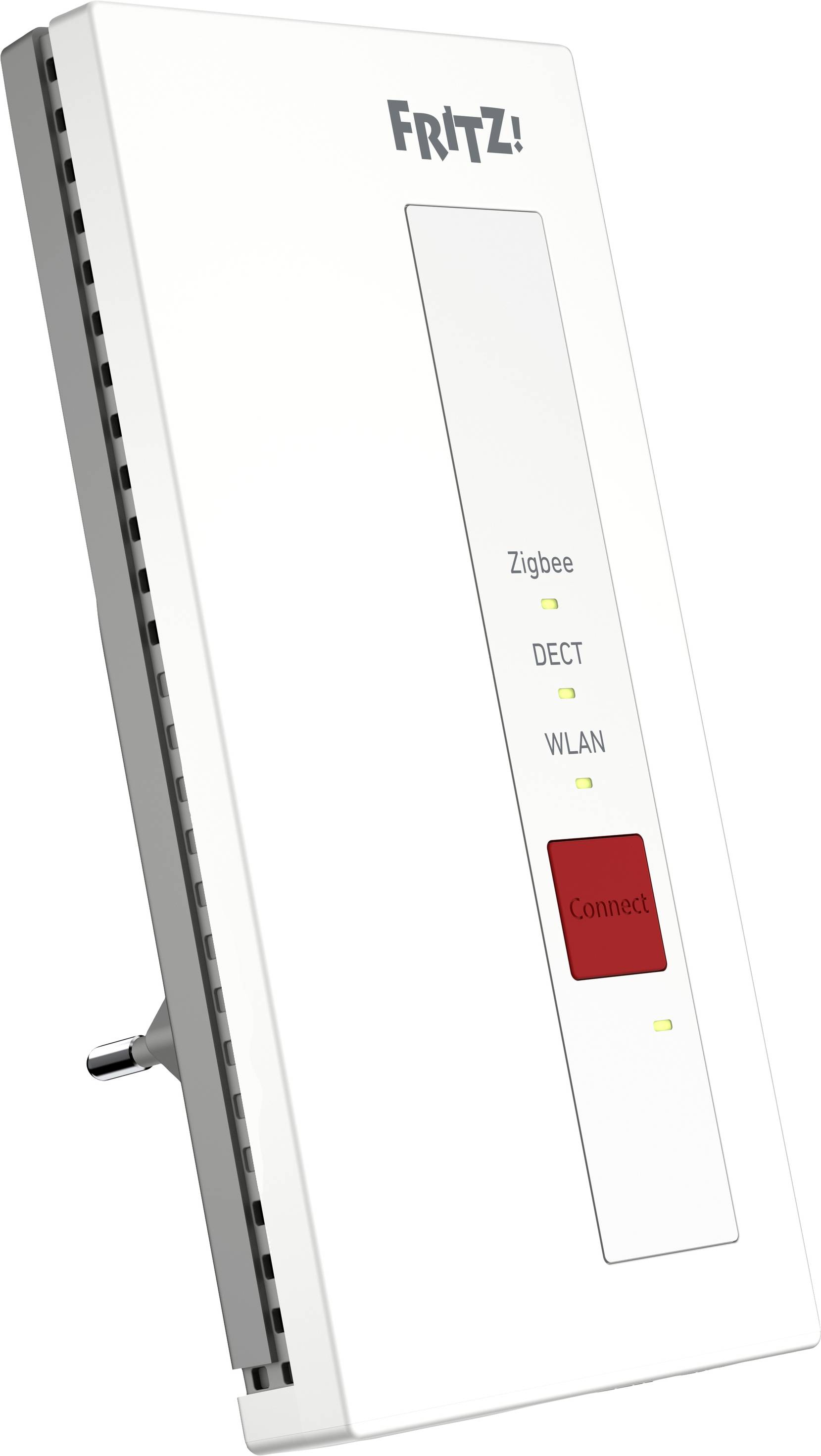 Ein weißer FRITZ! Repeater mit Vertiefungen für LEDs, die Verbindungen für Zigbee, DECT und WLAN zeigen. Eine rote 'Connect'-Taste.