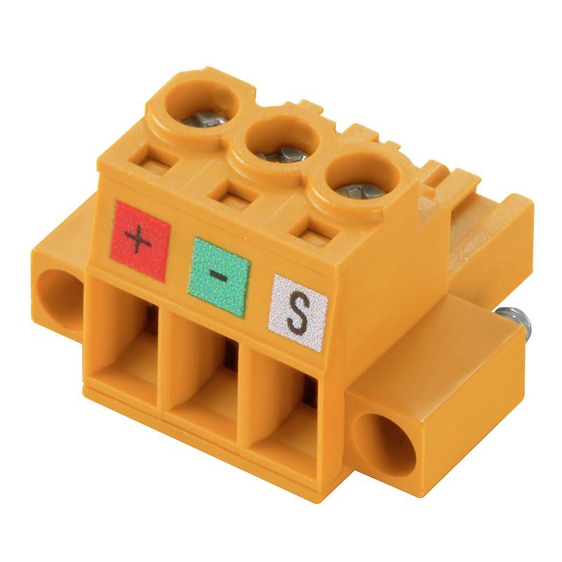 Orange Steckverbinder für Elektronik mit drei Anschlüssen in Rot, Grün und Blau, gekennzeichnet mit '+', '-' und 'S'.