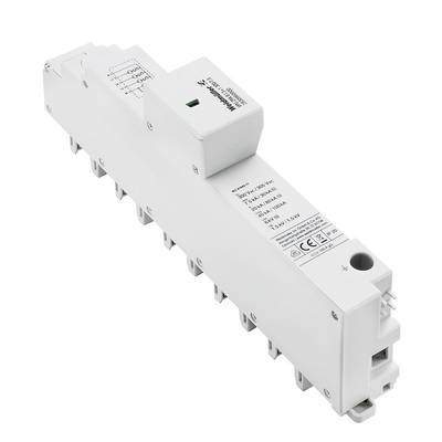 Ein modularer Überspannungsschutz für elektrische Schaltungen, weiße Farbe, mit CE-Kennzeichnung und technischer Spezifikation.