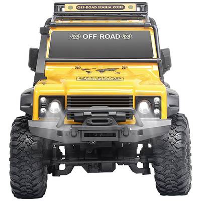 Gelbes Spielzeug-Offroad-Fahrzeug mit der Aufschrift 'OFF-ROAD' auf der Frontscheibe. Grobe Reifen, robustes Design.