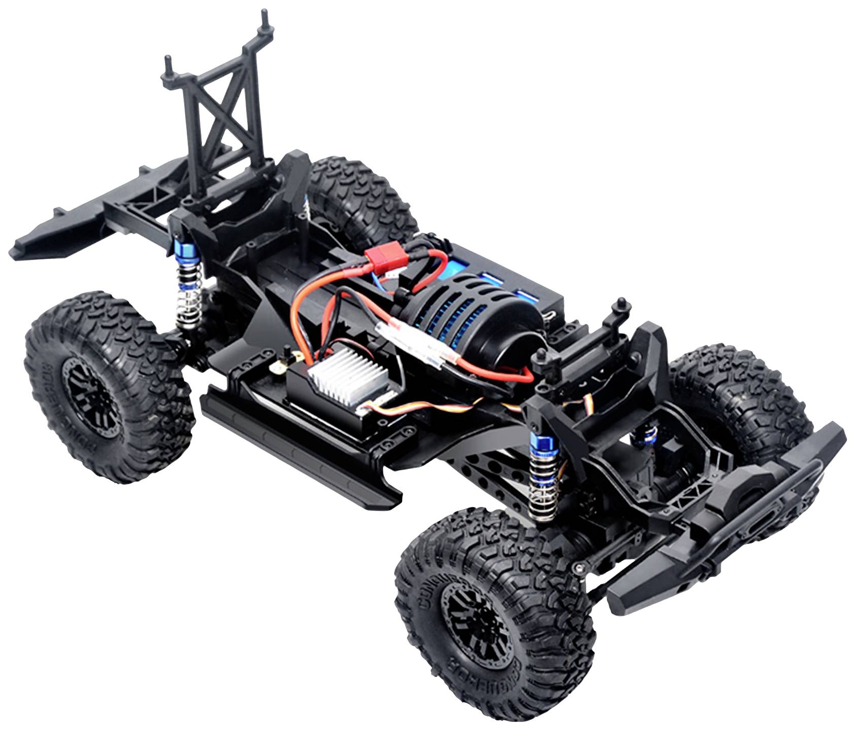 'Modell eines ferngesteuerten Autos ohne Karosserie, zeigt Elektronik, Motor und Fahrwerk auf großem, robustem Chassis.'
