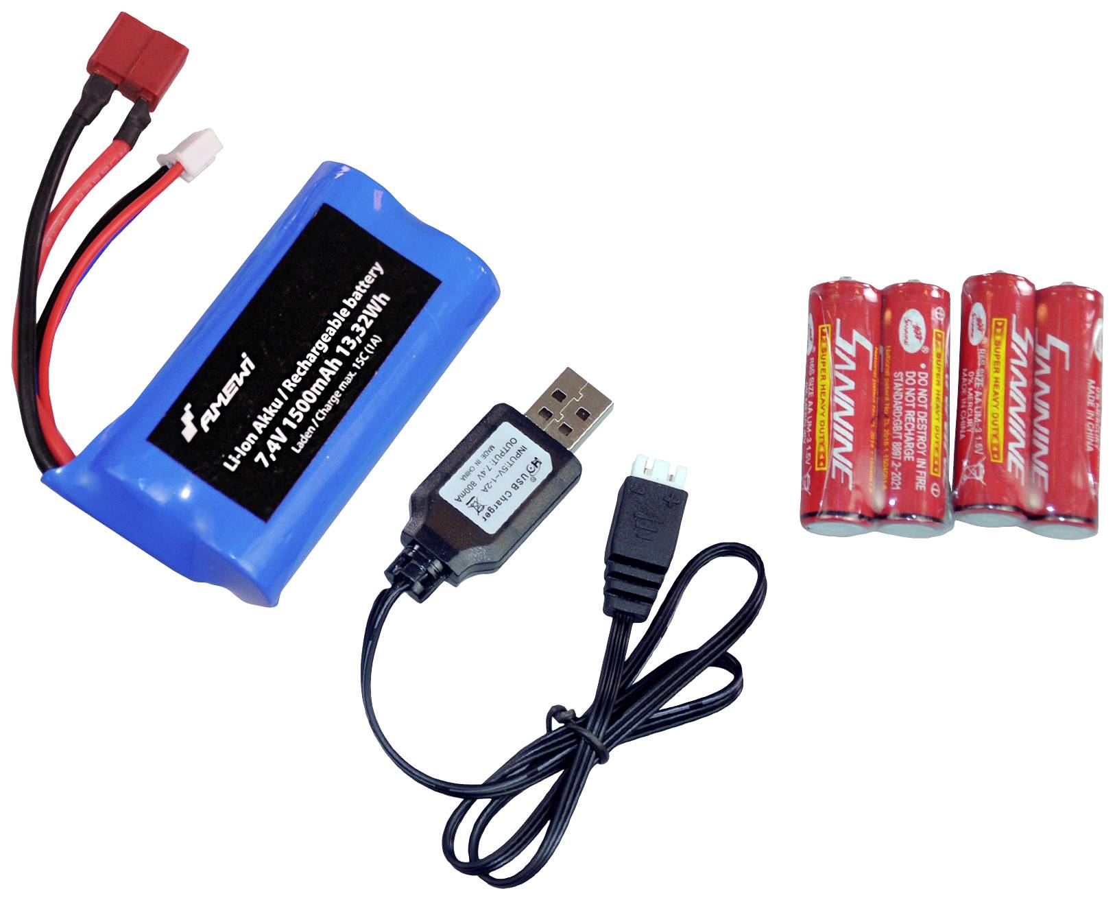 Akkus und Ladegerät: Ein blaues Lithium-Ionen-Akku-Pack mit Kabeln, drei zylindrische rote Batterien und ein USB-Ladekabel.