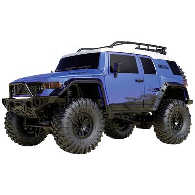 Ein blauer Geländewagen im Offroad-Look mit großen Reifen und Dachgepäckträger, dargestellt auf einem hellen Hintergrund.