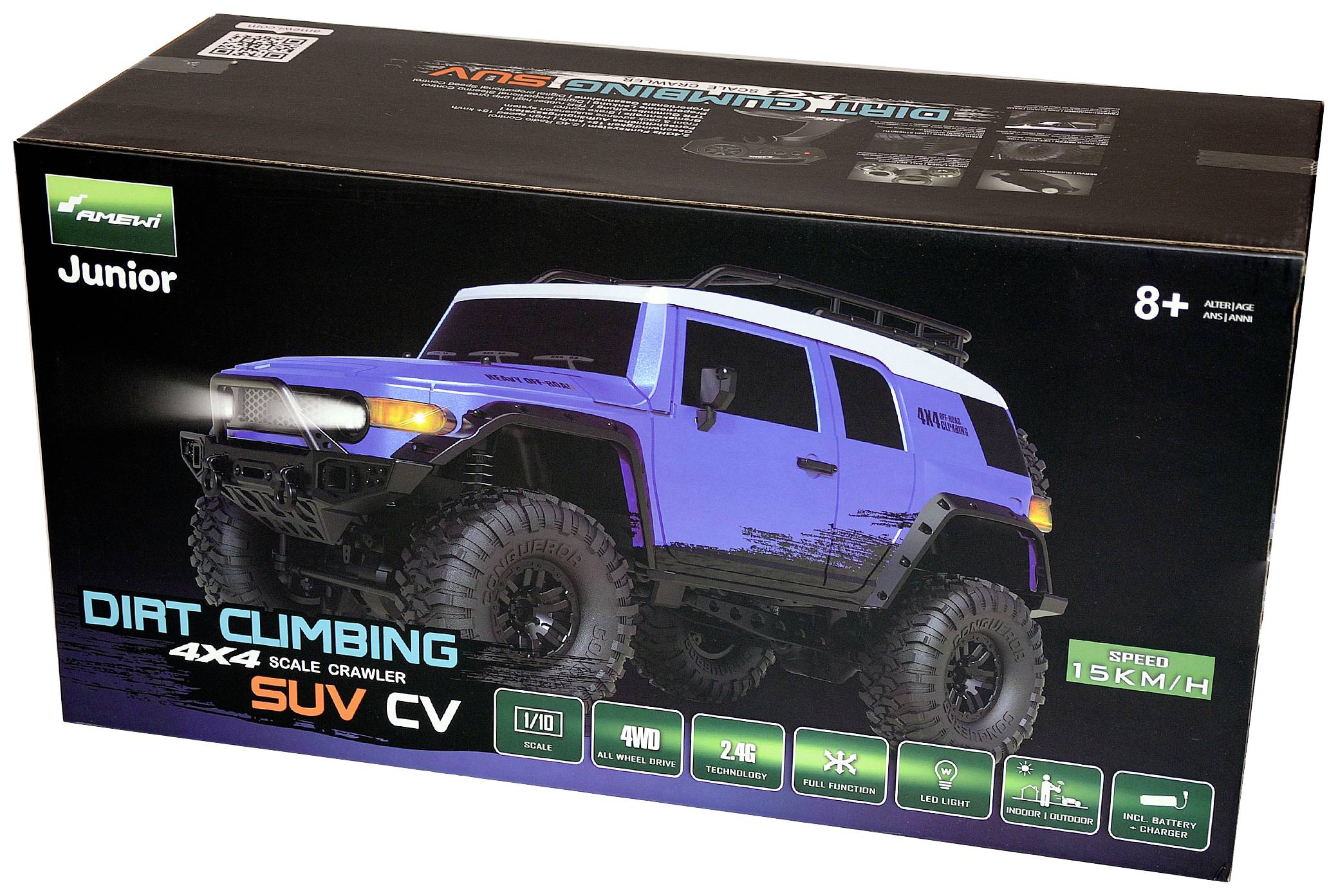 Eine Spielzeugverpackung zeigt ein blaues ferngesteuertes SUV-Modell. Text auf der Box: 'Dirt Climbing 4x4 Scale Crawler SUV CV'. Geschwindigkeit: 15 km/h. Geeignet für Kinder ab 8 Jahren.