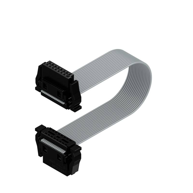 Graues Flachbandkabel mit zwei schwarzen Steckverbindern an den Enden, gebogen in einer U-Form, isoliert vor weißem Hintergrund.