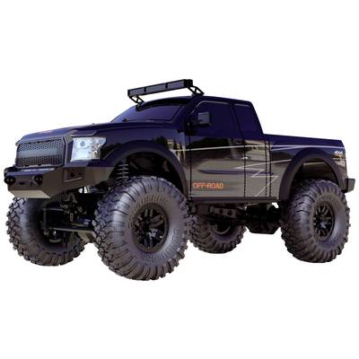 Ein schwarzer, schwerer Offroad-Truck mit großen Reifen und einem Dachgepäckträger, hervorgehoben durch das Wort 'OFF-ROAD' auf der Seite.