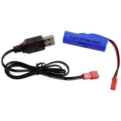 Ein USB-Ladekabel mit einem blauen Lithium-Ionen-Akku, Spannung 3,7V und Kapazität 1500mAh, verbunden durch einen roten Stecker.