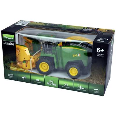 Spielzeug-Verpackung mit ferngesteuertem Traktor. Geeignet für Kinder ab 6 Jahren. Enthält Traktorbild auf grünem Hintergrund.