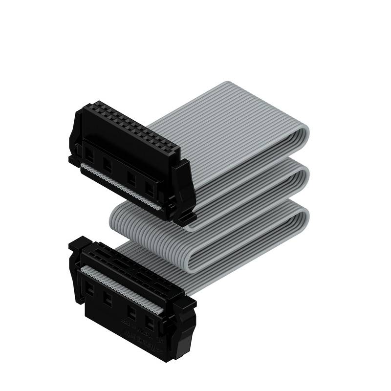 Ein graues Flachbandkabel mit schwarzen Anschlüssen an beiden Enden, geeignet für technische und elektronische Anwendungen.