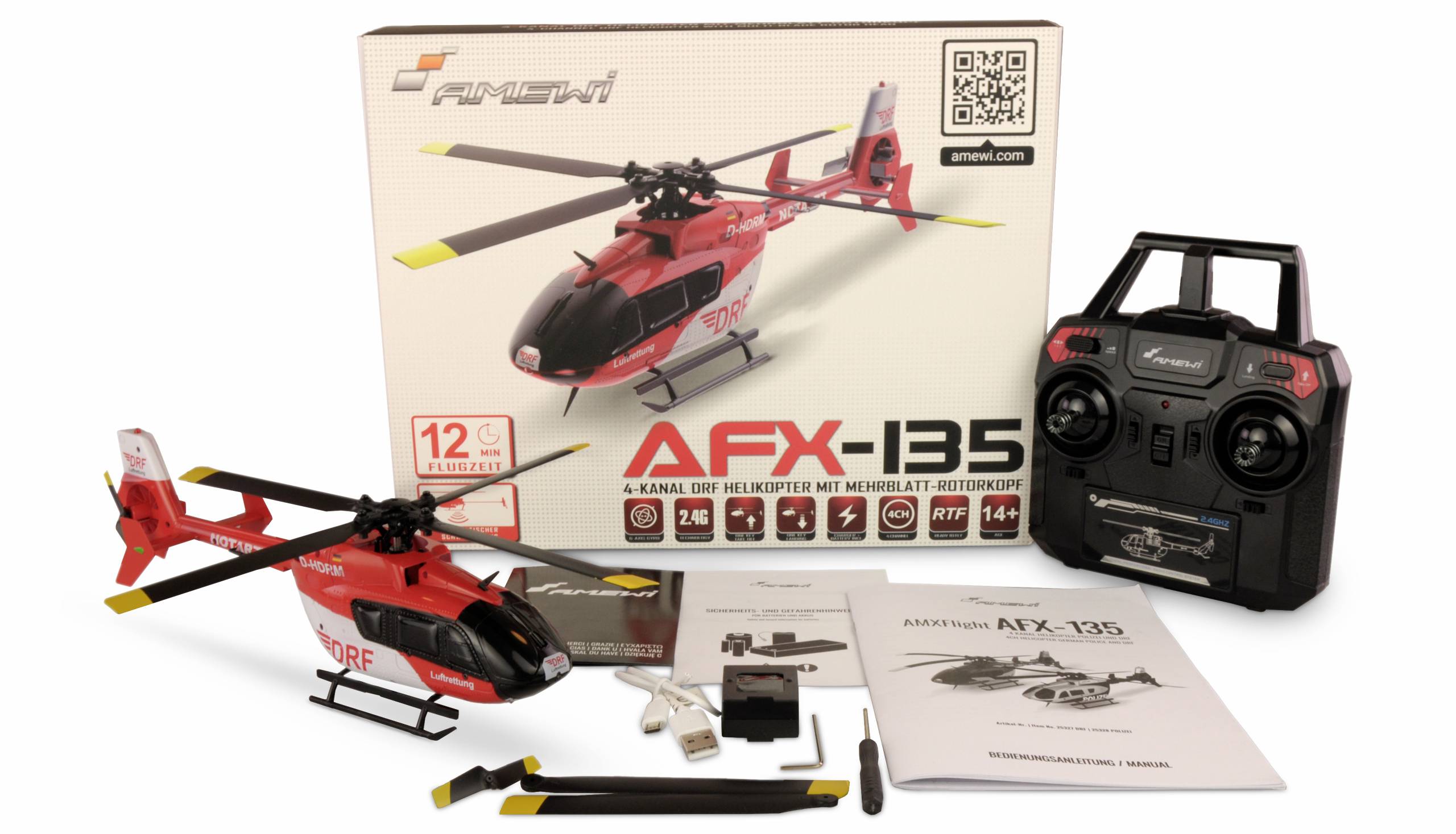 Set aus ferngesteuertem AFX-135 Hubschrauber, Fernsteuerung, Batterien, Ladegerät und Anleitung vor der Produktverpackung.