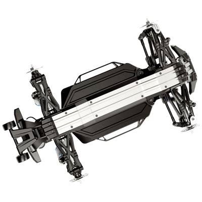 Ferngesteuertes Auto-Chassis von oben, zeigt Aufhängung und Antriebsstrang ohne Karosserie, betont technisches Design und Struktur.