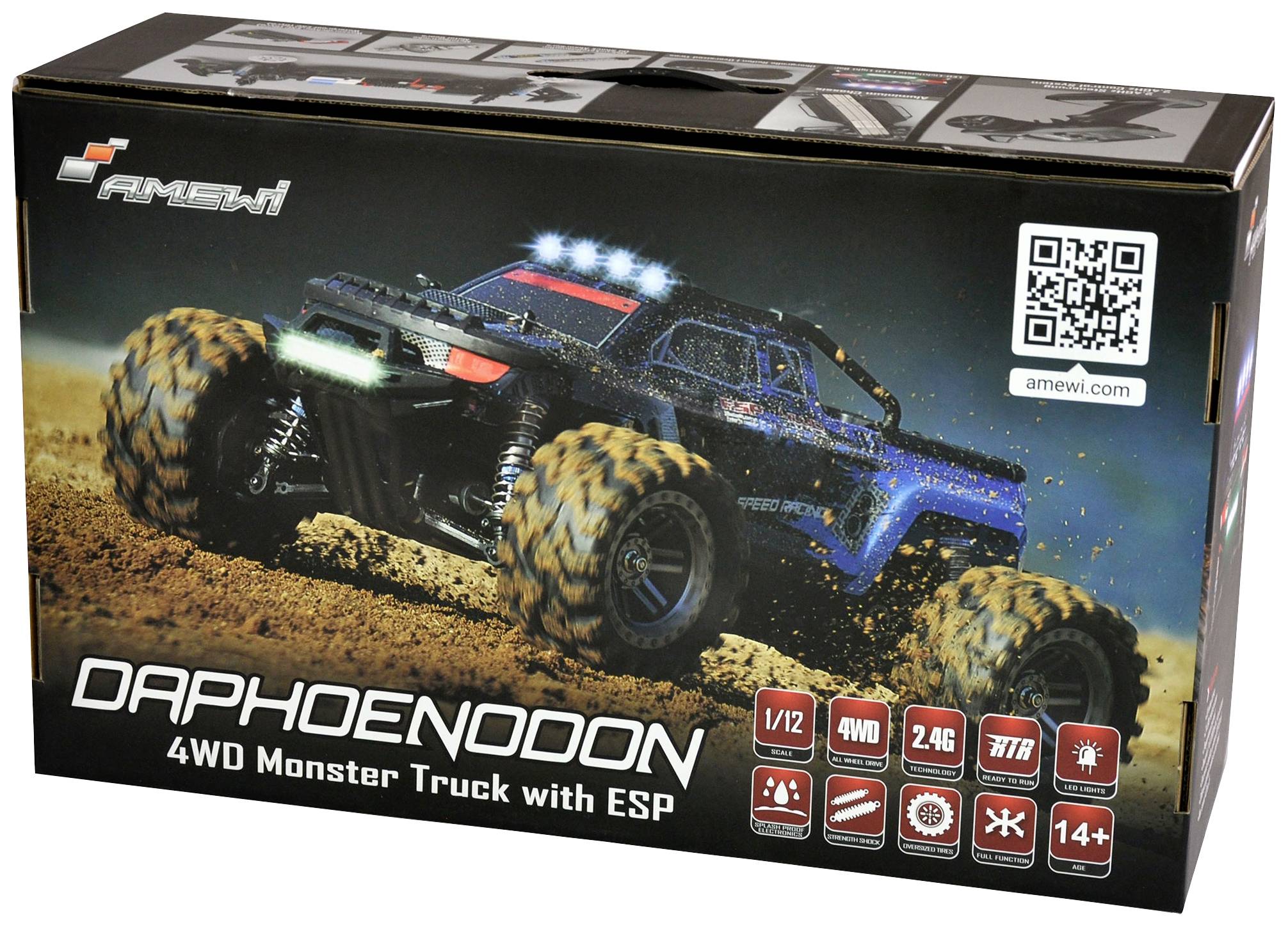 'AMEWI Daphoenodon' Spielzeugauto-Verpackung. Zeigt ein blaues 4WD Monster Truck-Modell mit ESP und großer Bereifung auf sandigem Boden.