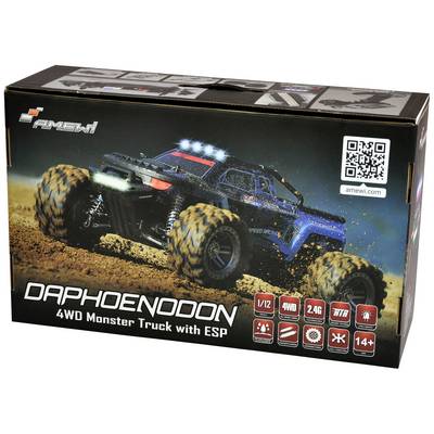 'AMEWI Daphoenodon' Spielzeugauto-Verpackung. Zeigt ein blaues 4WD Monster Truck-Modell mit ESP und großer Bereifung auf sandigem Boden.