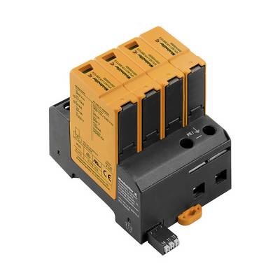 'Dreiphasen-Überspannungsschutzgerät mit orangefarbenen Modulen und schwarzen Basiselementen, entworfen für elektrische Systeme.'