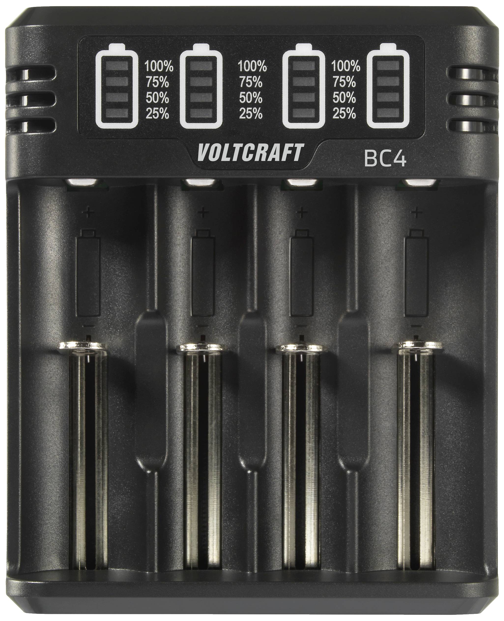 Ladegerät mit vier Slots für AA-Batterien. LEDs zeigen Ladestatus in Prozent an: 100%, 75%, 50%, 25%. Markierung: 'VOLTCRAFT BC4'.
