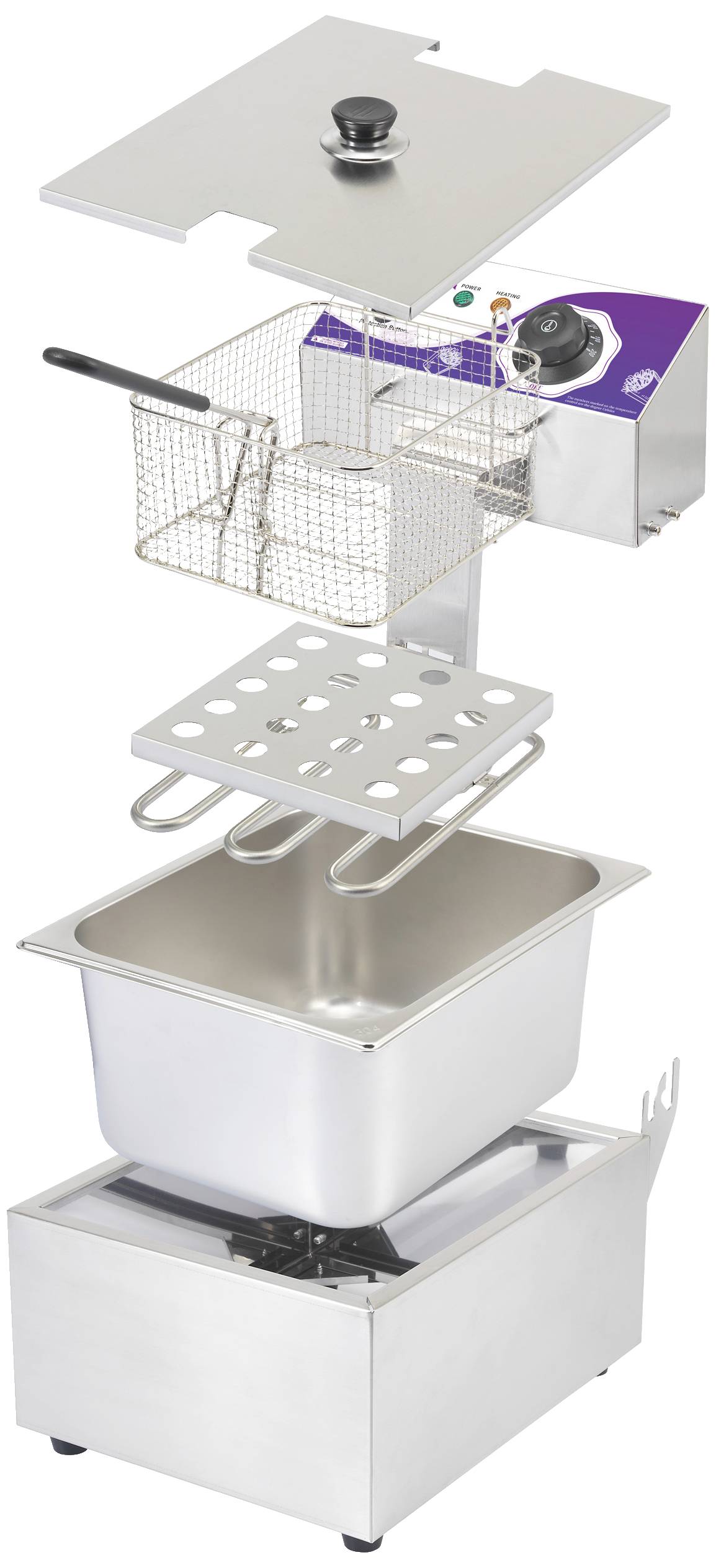 Explosionszeichnung einer Fritteuse mit abnehmbaren Teilen: Deckel, Frittierkorb mit Griff, Heizelement, Ölwanne und Basisgehäuse.