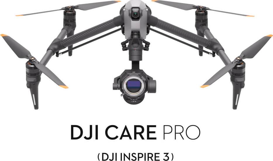 Eine Drohne mit sechs Propellern, wahrscheinlich ein Modell von DJI. Darunter der Text 'DJI Care Pro (DJI Inspire 3)'.