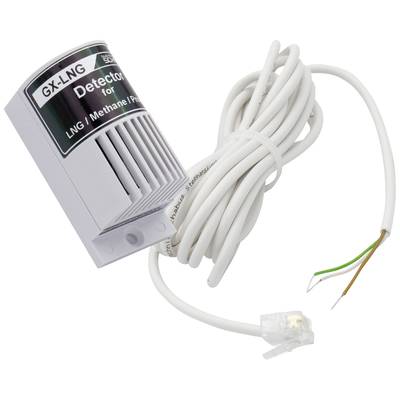 Gasdetektor mit Kabel zur Erkennung von LNG-Methan. Weißes Gehäuse mit Lüftungsschlitzen und Kabelenden.