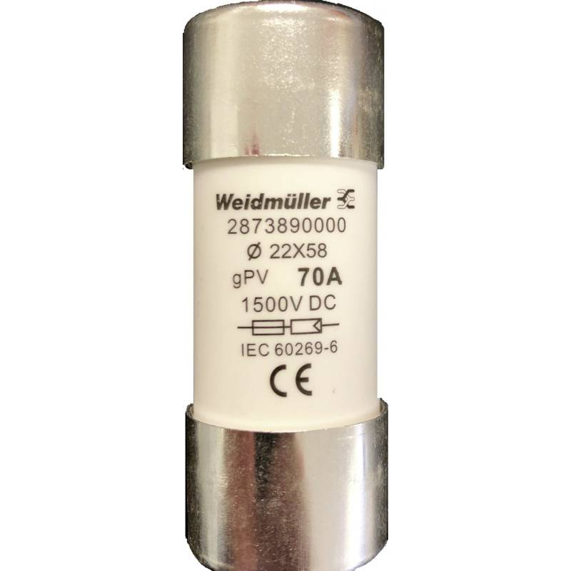 Eine zylindrische Sicherung von Weidmüller, Modellnummer 2873890000, ausgelegt für 70A, 1500V DC, mit CE-Kennzeichnung.