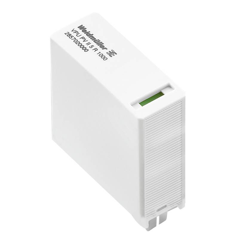 Ein rechteckiges weißes elektronisches Modul mit Beschriftung 'Weidmüller VPU PV-I 1500'. Es ist für elektrische Anwendungen konzipiert.