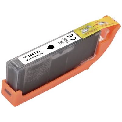 Eine schwarze Druckerpatrone in einer orangefarbenen Halterung, mit Warnhinweisen und einem Symbol 'Tinte' auf dem etikettierten Oberteil.