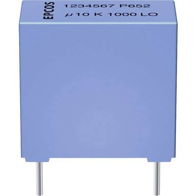 Ein blauer, rechteckiger Filmkondensator mit den Aufschriften 'EPCOS', '1234567 P652', 'µ/10 K 1000 LO'. Elektronisches Bauteil.
