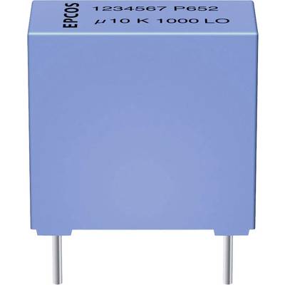 Ein blauer elektronischer Bauteil mit den Aufdrucken 'EPCOS 1234567 P652' und 'μ/10 K 1000 LO', zwei Anschlusspins unten sichtbar.
