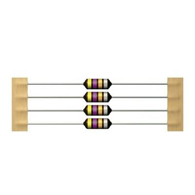 Drei parallel geschaltete Widerstände mit Farbcodes: Braun, Schwarz, Violett, Gold. Jeder Widerstand hat zwei Anschlüsse.