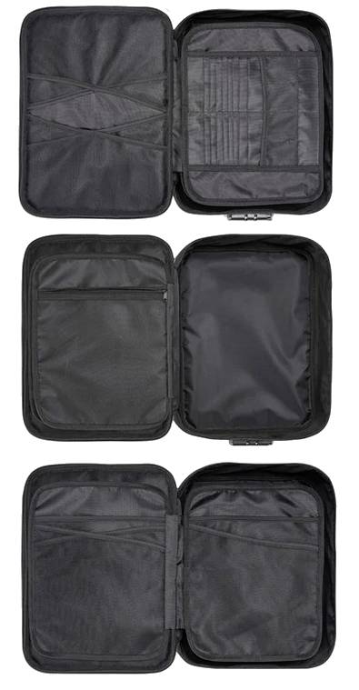 Drei schwarze, leere Taschen mit Reißverschlüssen, die geöffnet sind und diverse Fächer und Netzeinsätze zur Organisation bieten.