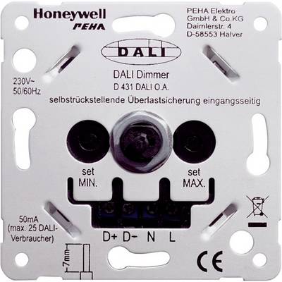 'Vorderansicht eines DALI-Dimmers von Honeywell PEHA, Modell D 431 DALI O.A. mit Spannungsangabe 230V~ 50/60Hz und Anschlussklemmen.'