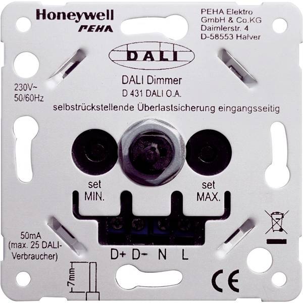 'Auf Putz'-Dimmer von PEHA mit DALI-Schnittstelle, Modell D 431 DALI O.A, abgebildet. Hinweise auf Spannung und Stromstärke sichtbar.