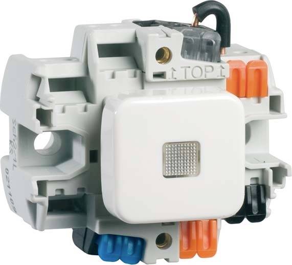Ein elektrischer Steckverbinder mit mehreren bunten Anschlüssen, einschließlich schwarzer, orangefarbener und blauer Kabelanschlüsse.