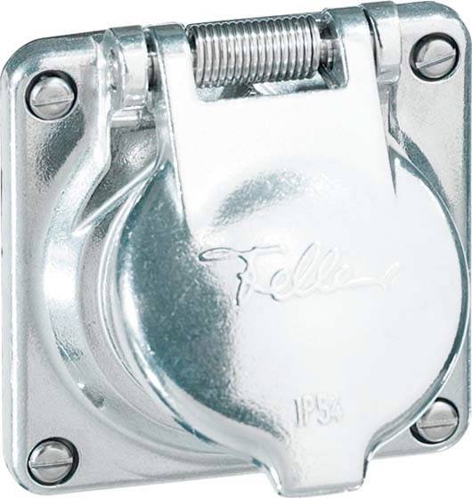Metallene Schutzabdeckung für Steckdosen mit Aufschrift 'IP54', quadratische Form, vier Schrauben an den Ecken.