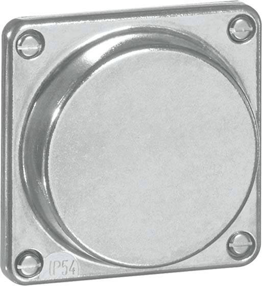 Metallabdeckung mit quadratischem Rahmen und abgerundeten Schrauben an den Ecken. Text 'IP54' in einer Ecke.
