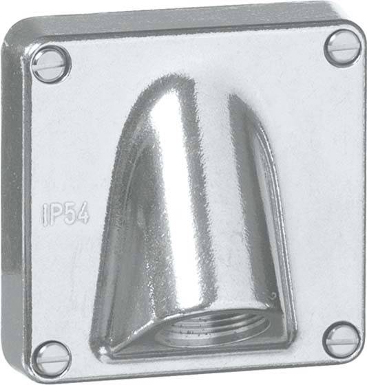Metallische Abdeckung mit der Aufschrift 'IP54', zeigt eine Schutzklasse gegen Staub und Spritzwasser; quadratisch mit Schrauben an den Ecken.