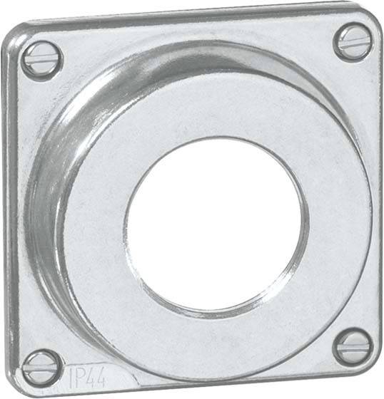 Silberne quadratische Metallplatte mit runder Öffnung in der Mitte und vier Schraubenlöchern an den Ecken, markiert mit 'IP44'.