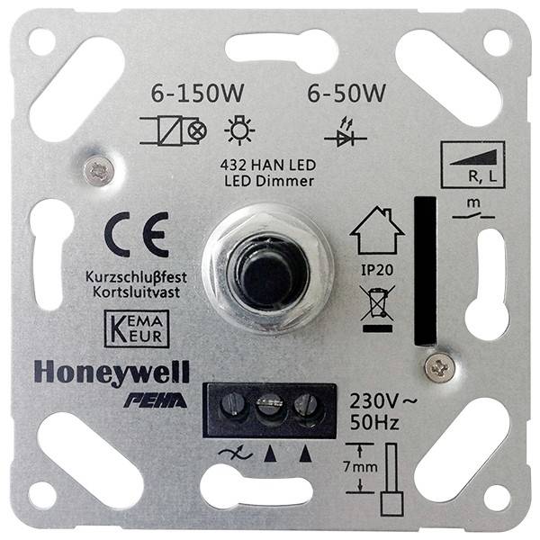 'Dimmer-Schalter von Honeywell für LED-Beleuchtung, 6-150W/6-50W, mit CE-Zertifizierung, Kurzschlussschutz und IP20-Rating.'