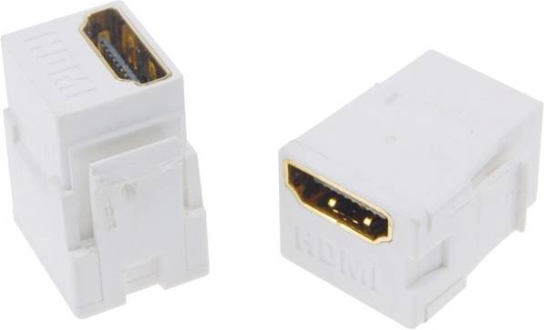 Zwei weiße HDMI-Koppler, einer zeigt die Buchse, der andere die Rückansicht. Sie ermöglichen die Verbindung von HDMI-Kabeln.