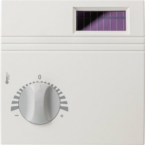 Ein Thermostatregler an einer Wand zeigt Einstellungen von minus zu plus Grad an. Oben rechts befindet sich eine Anzeige.