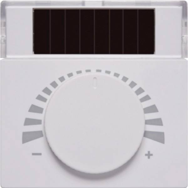 Ein weißer Thermostat mit einer großen Einstellungsscheibe, die solarbetrieben ist, mit Symbolen für niedrige und hohe Temperatur.
