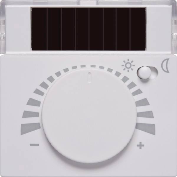 Ein weißer Drehregler mit Plus- und Minuszeichen zur Einstellung. Oben befinden sich Symbole für Sonne und Mond.