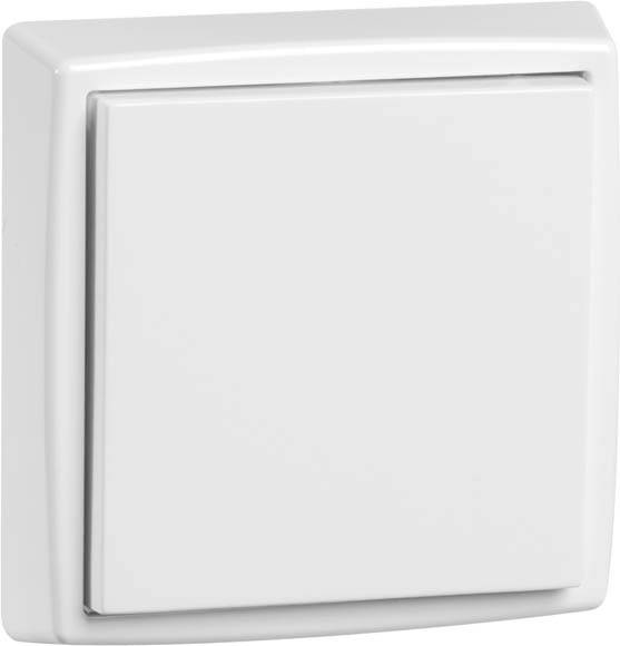 Ein weißer, quadratischer Lichtschalter ohne sichtbare Markierungen oder Texte. Geeignet für Wandmontage.