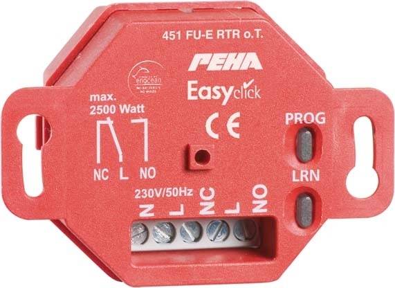 Roter elektronischer Schalter von PEHA, Modell 'Easyclick', geeignet für max. 2500 Watt bei 230V/50Hz. Anschlüsse und Bedienknöpfe sichtbar.
