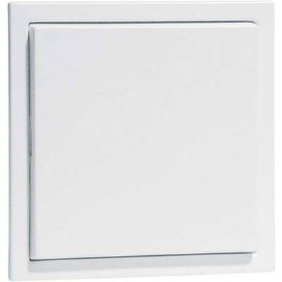Ein weißer Lichtschalter an einer ebensolchen Wand, im ausgeschalteten Zustand.
