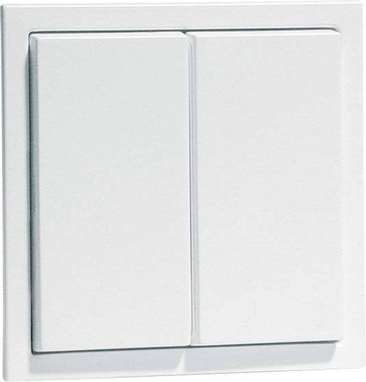 Ein weißer, zweigeteilter Lichtschalter an einer Wand, mit zwei nebeneinander liegenden, rechteckigen, leicht hervorgehobenen Tasten.