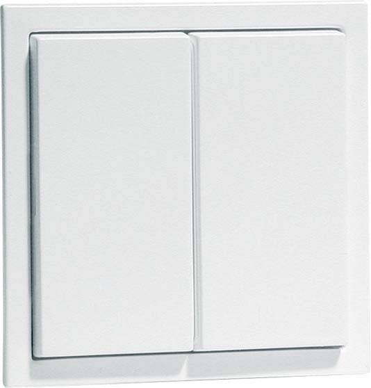 Ein weißer zweifacher Lichtschalter an einer Wand, bereit zur Betätigung, um das Licht ein- oder auszuschalten.