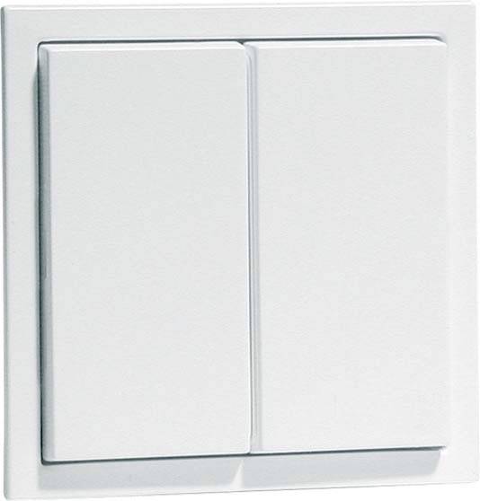 Zweifach-Schalter aus weißem Kunststoff, an einer Wand montiert, mit zwei rechteckigen Kippschaltern.